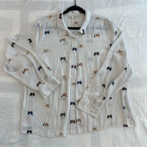 Butterfly Print Sheer Button-Up Blouse, white, 2X